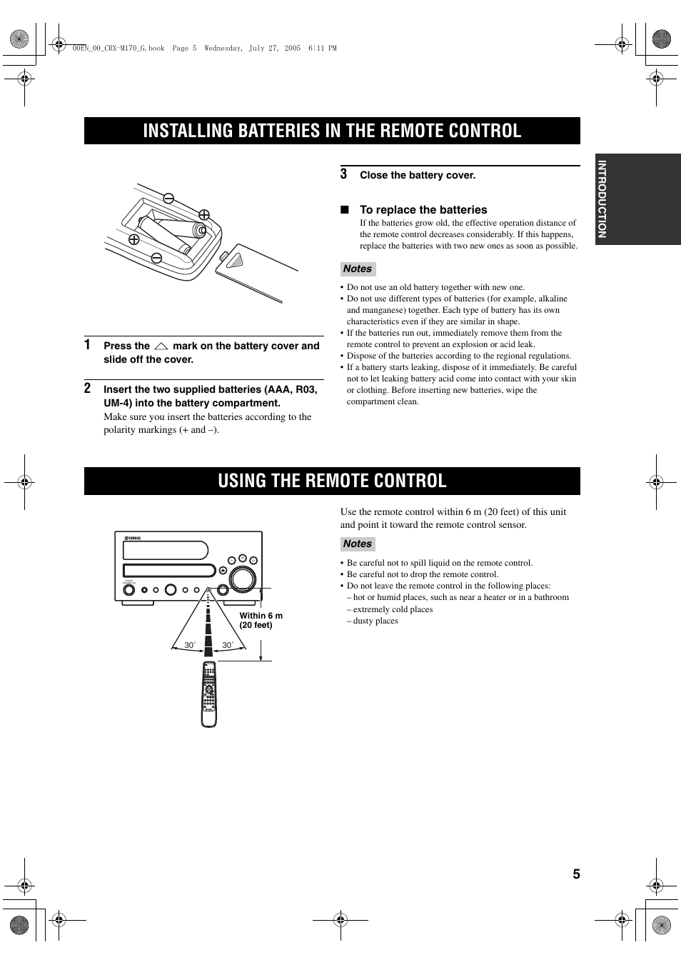 Installing batteries in the remote control, Using the remote control | Yamaha M170 User Manual | Page 7 / 40