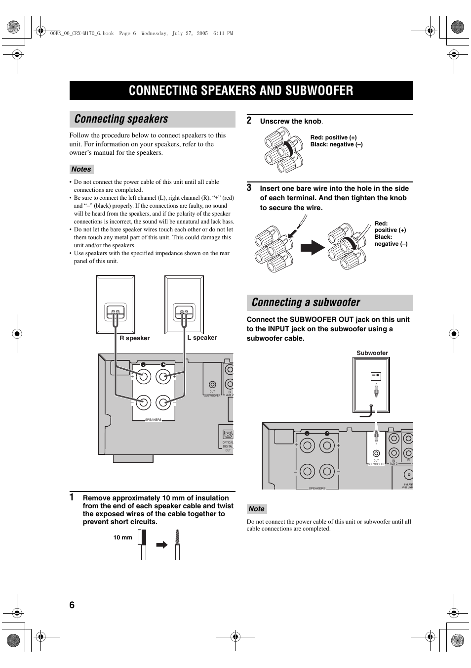 Preparation, Connecting speakers and subwoofer, Connecting speakers | Connecting a subwoofer | Yamaha M170 User Manual | Page 8 / 40