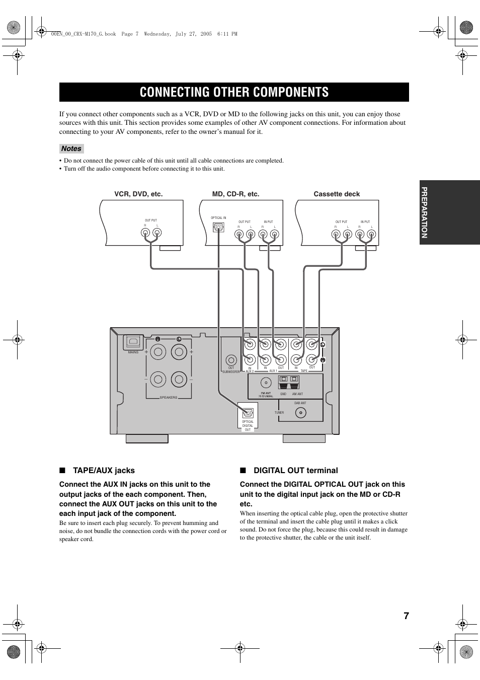 Connecting other components, Tape/aux jacks, Digital out terminal | Cassette deck md, cd-r, etc, Vcr, dvd, etc | Yamaha M170 User Manual | Page 9 / 40