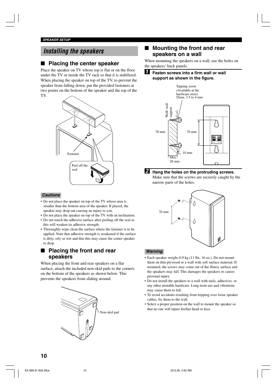 Installing the speakers, Placing the center speaker, Placing the front and rear speakers | Mounting the front and rear speakers on a wall | Yamaha AVX-S80 User Manual | Page 14 / 55