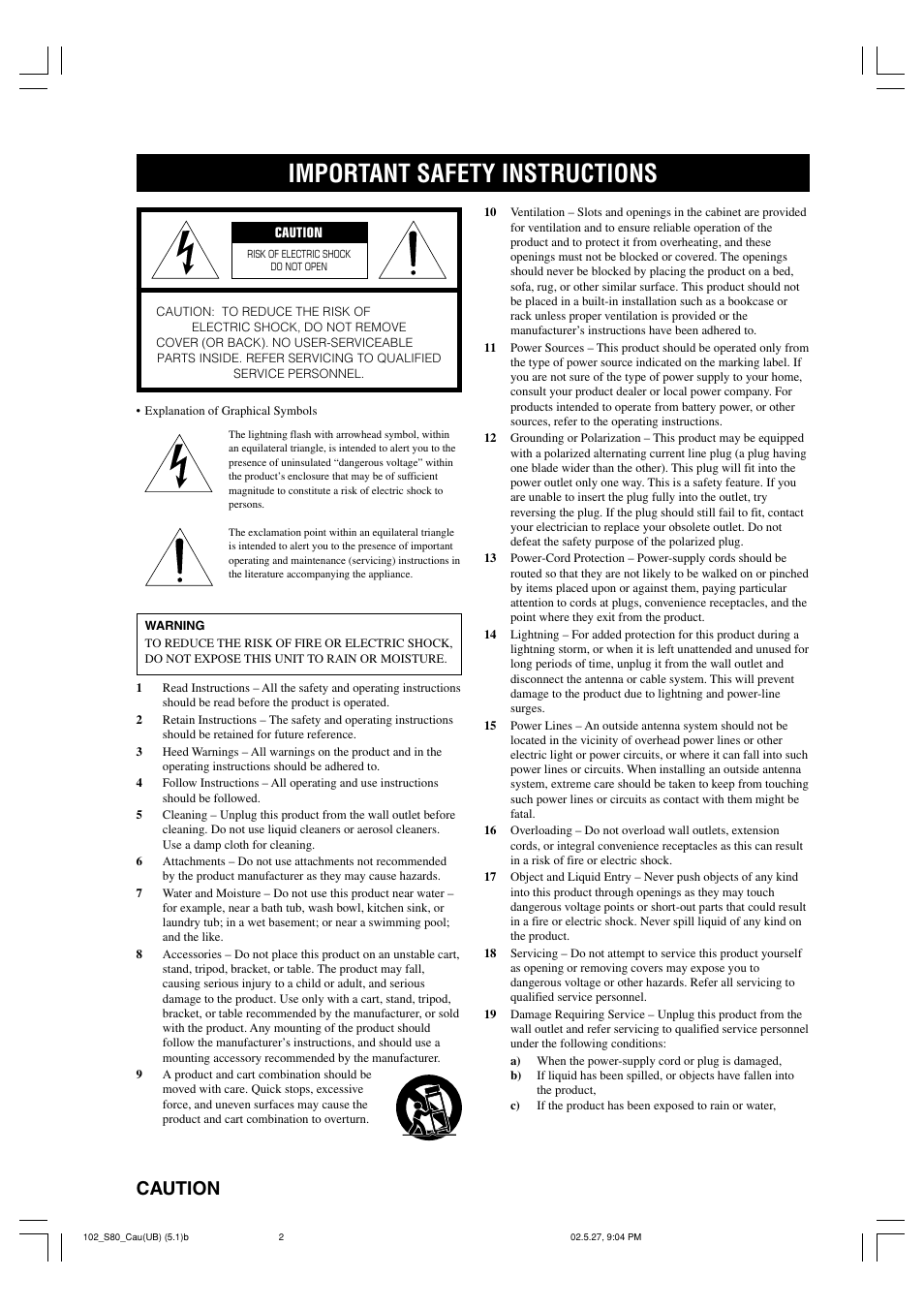 Important safety instructions, Caution | Yamaha AVX-S80 User Manual | Page 2 / 55