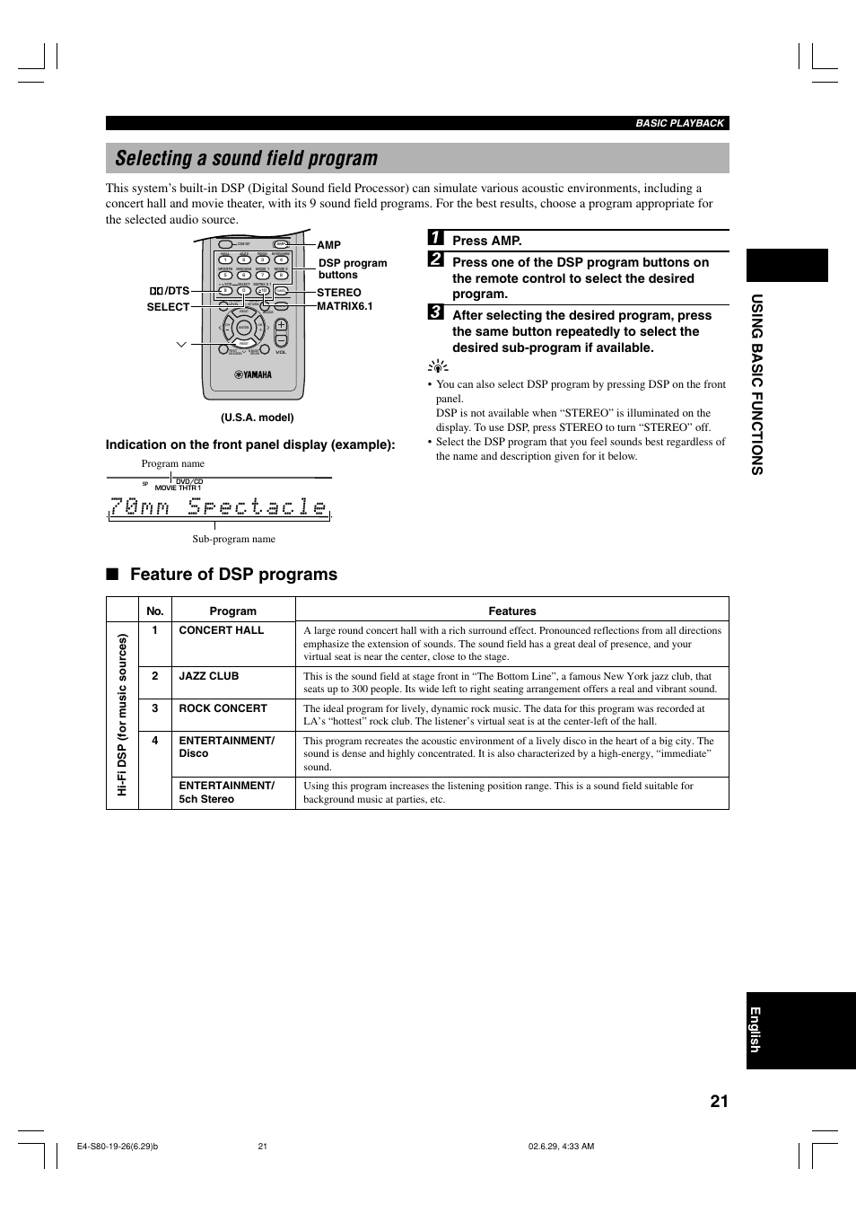 Selecting a sound field program, Feature of dsp programs, Using b asic functions | English, Press amp, Indication on the front panel display (example) | Yamaha AVX-S80 User Manual | Page 25 / 55