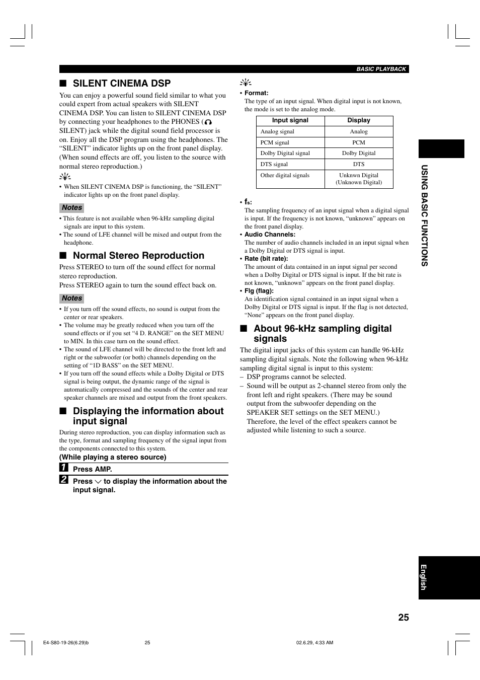 Silent cinema dsp, Normal stereo reproduction, Displaying the information about input signal | About 96-khz sampling digital signals | Yamaha AVX-S80 User Manual | Page 29 / 55