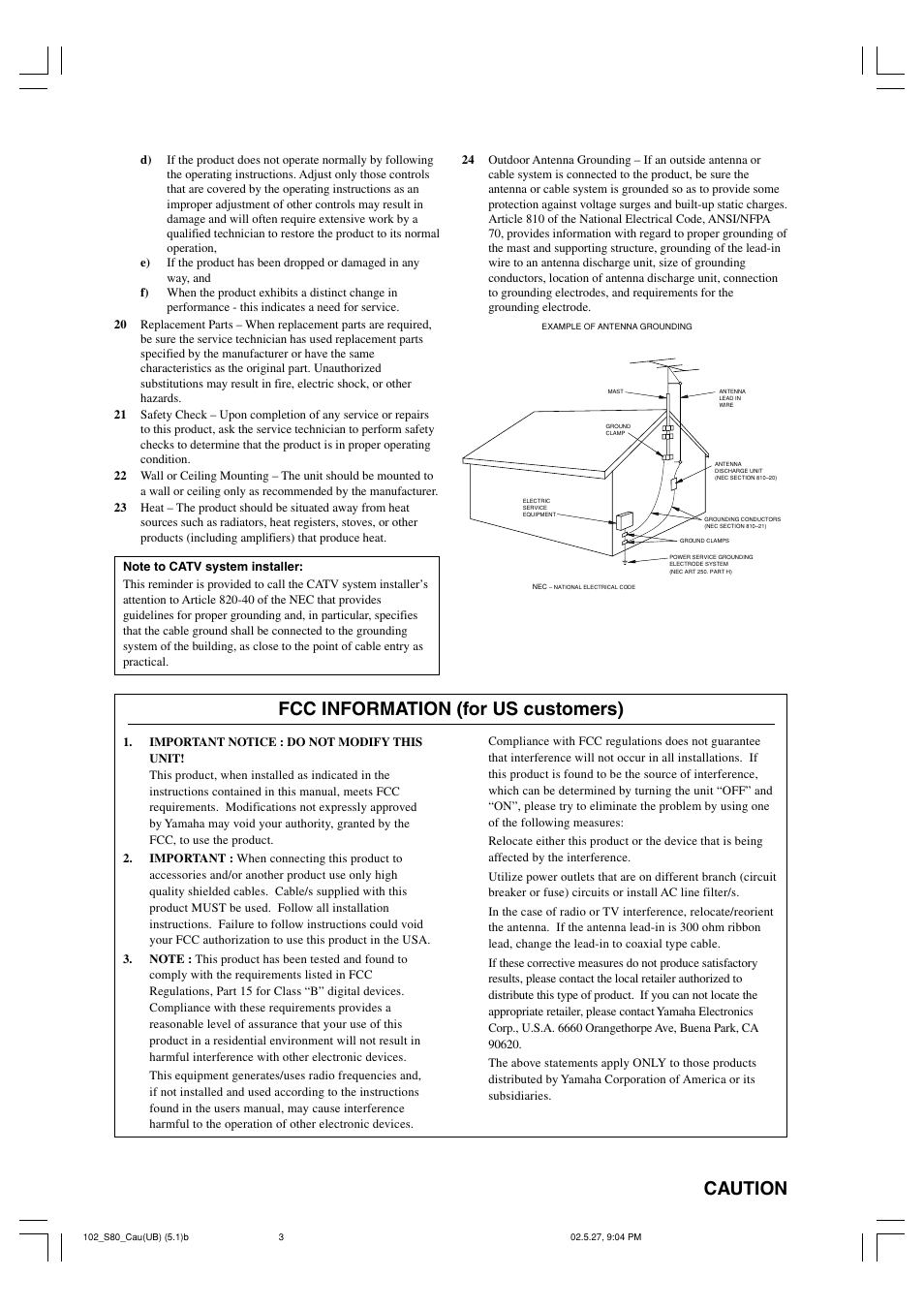 Caution, Fcc information (for us customers) | Yamaha AVX-S80 User Manual | Page 3 / 55