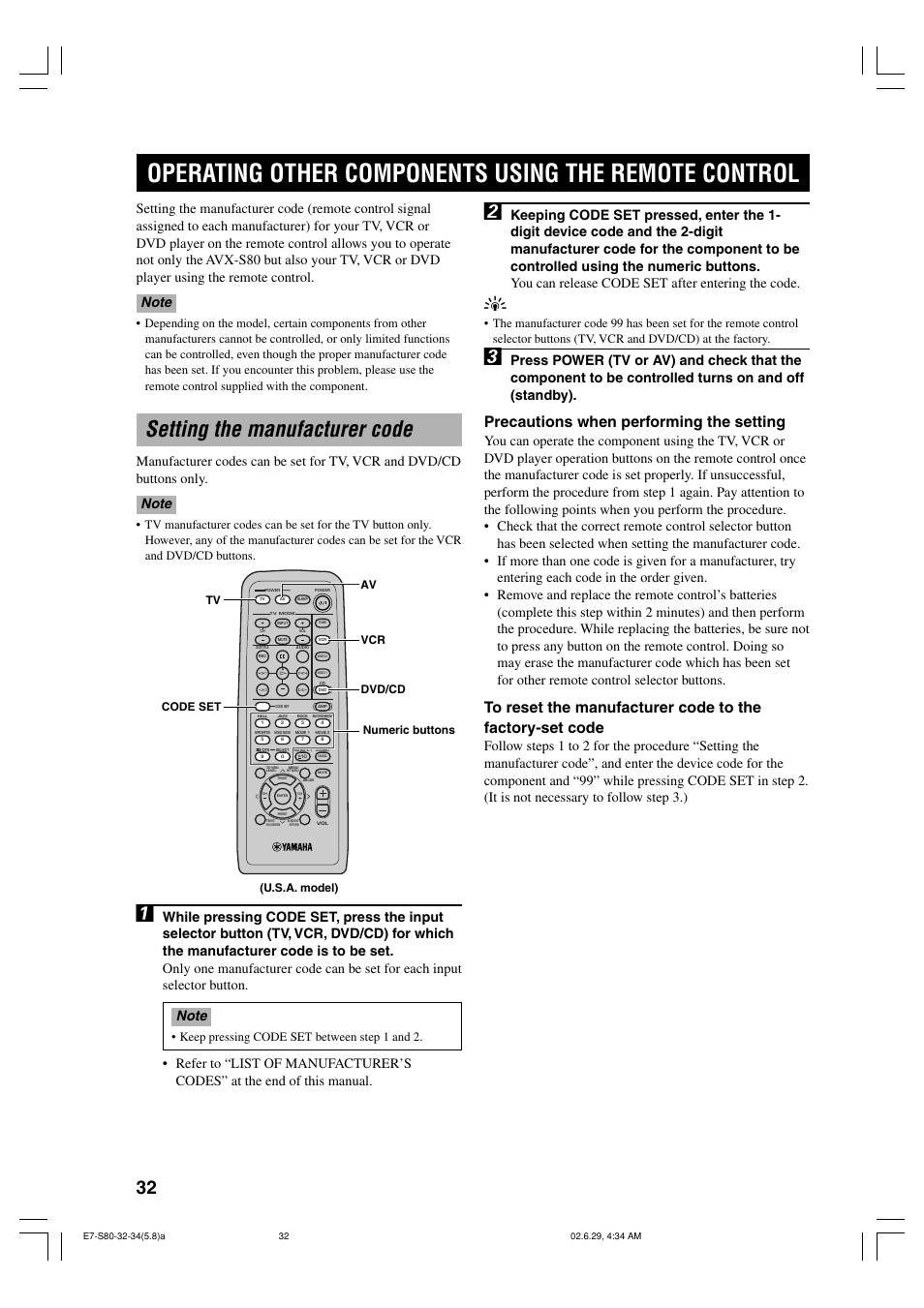 Remote control features, Setting the manufacturer code, Precautions when performing the setting | Keep pressing code set between step 1 and 2 | Yamaha AVX-S80 User Manual | Page 36 / 55