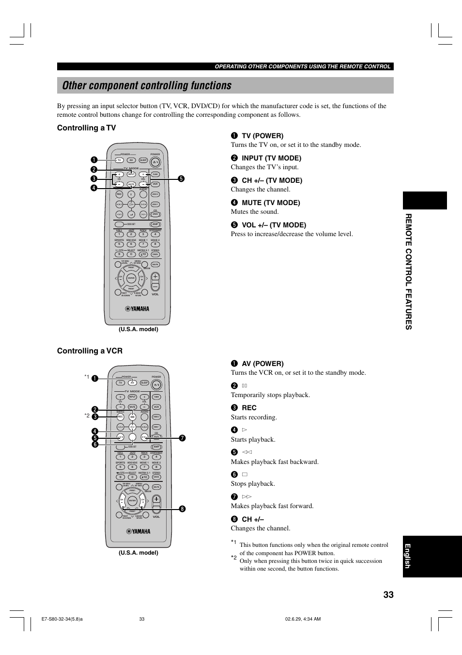 Other component controlling functions, Remo te contr ol fea tures, Controlling a tv controlling a vcr | English, U.s.a. model) | Yamaha AVX-S80 User Manual | Page 37 / 55