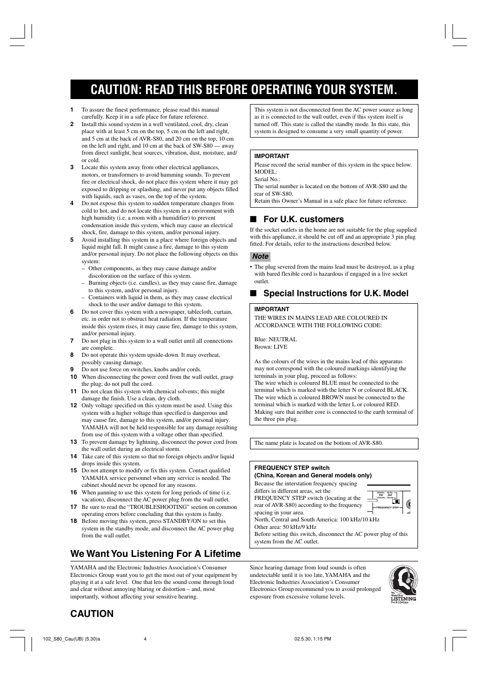 Caution, Caution: read this before operating your system, We want you listening for a lifetime | For u.k. customers, Special instructions for u.k. model | Yamaha AVX-S80 User Manual | Page 4 / 55