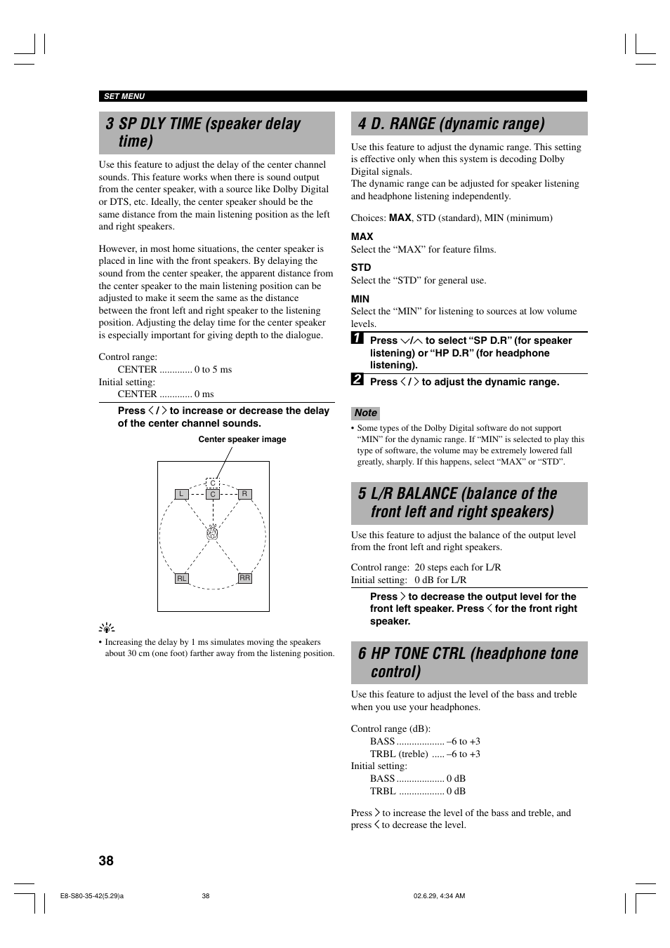 3 sp dly time (speaker delay time), 4 d. range (dynamic range), 6 hp tone ctrl (headphone tone control) | Yamaha AVX-S80 User Manual | Page 42 / 55