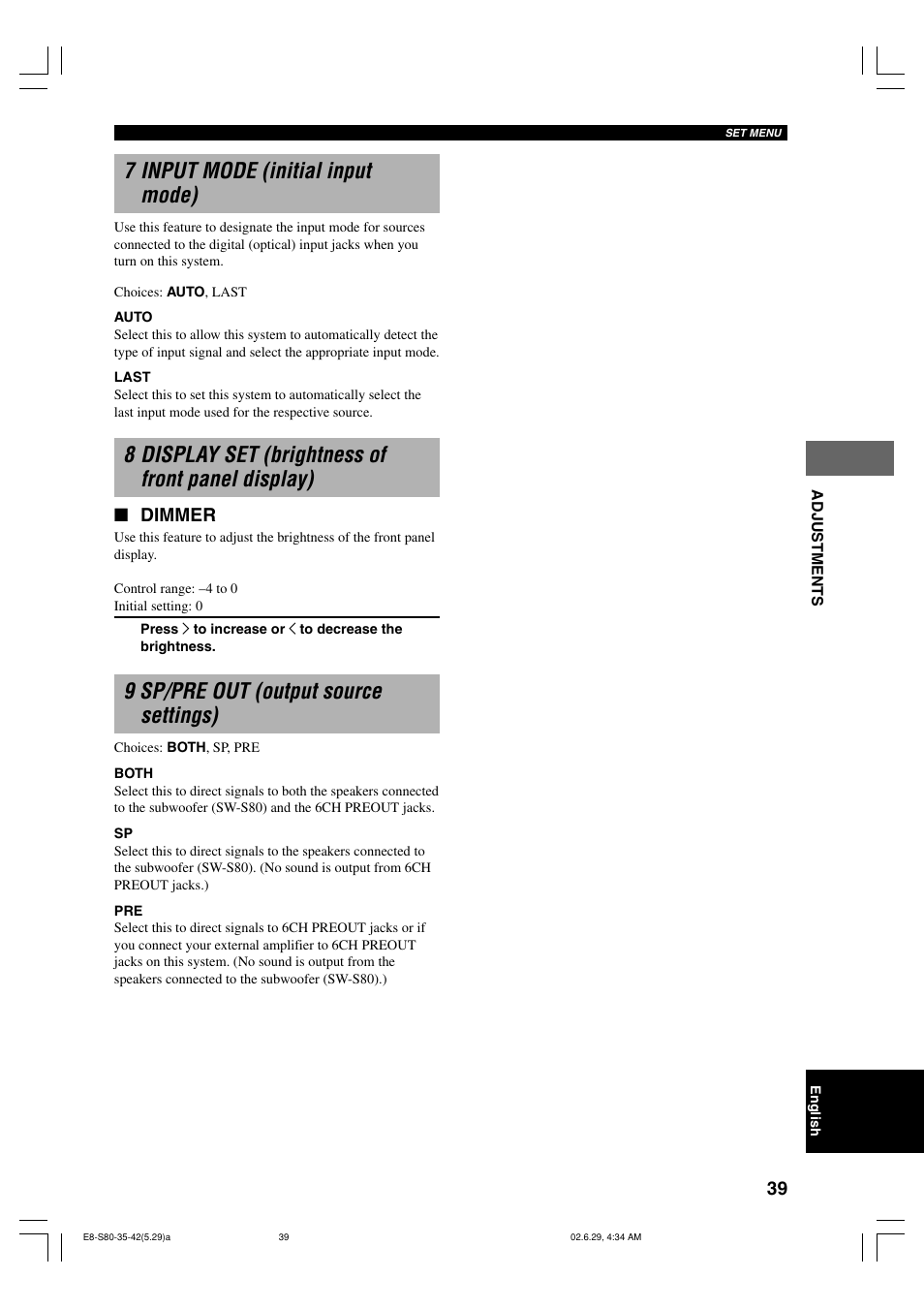 7 input mode (initial input mode), 8 display set (brightness of front panel display), 9 sp/pre out (output source settings) | Dimmer | Yamaha AVX-S80 User Manual | Page 43 / 55