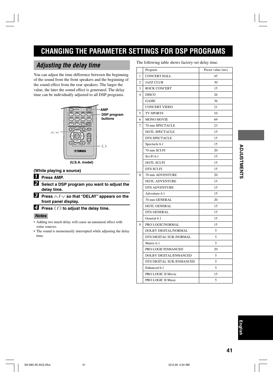 Changing the parameter settings for dsp programs, Adjusting the delay time, Adjustments | English, Press amp, The following table shows factory-set delay time | Yamaha AVX-S80 User Manual | Page 45 / 55