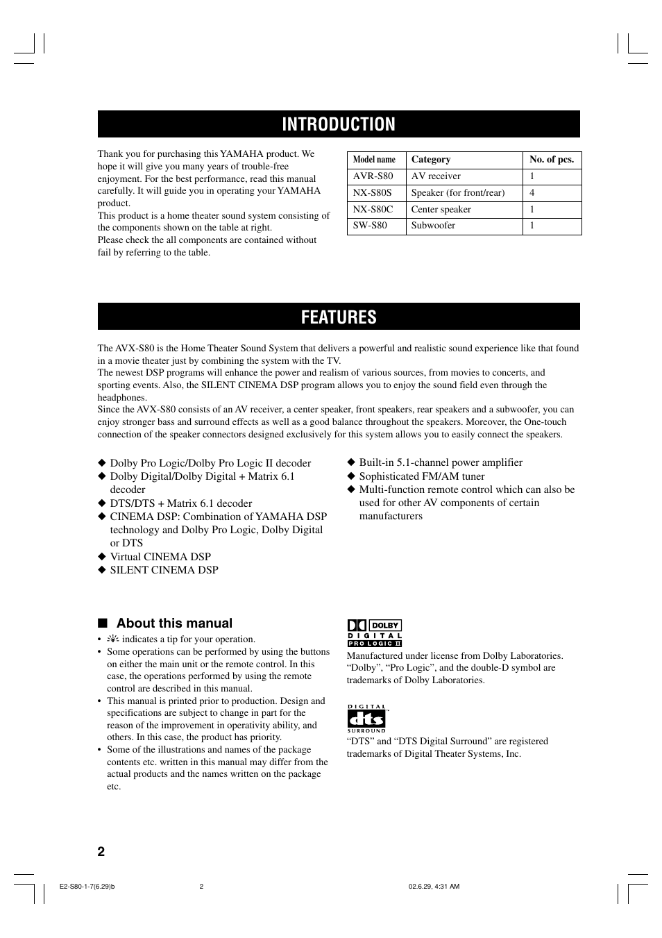 Introduction, Features, About this manual | Yamaha AVX-S80 User Manual | Page 6 / 55