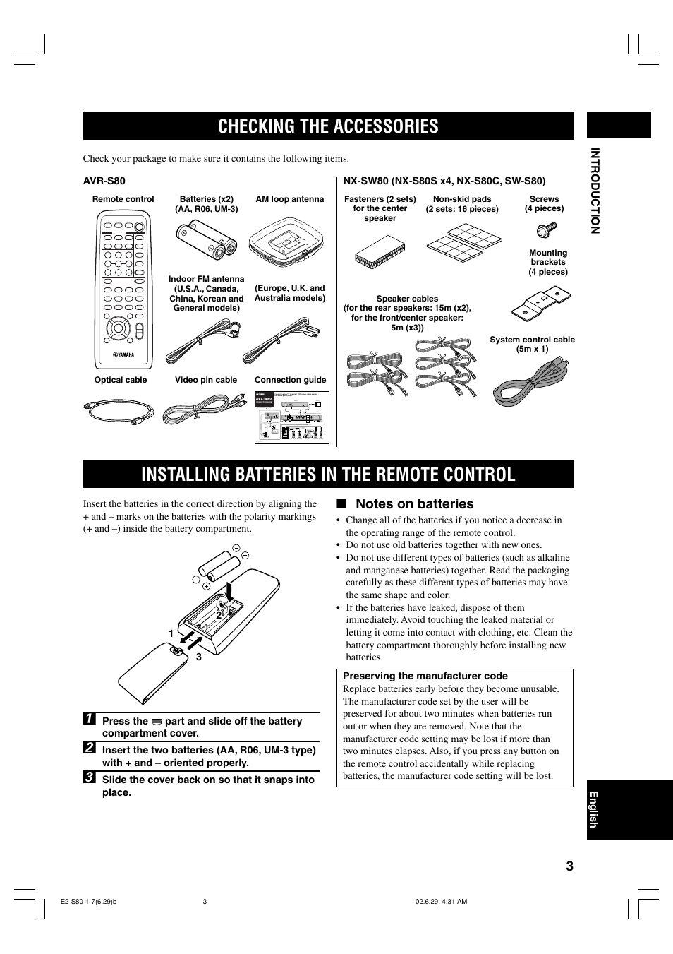 Checking the accessories, Installing batteries in the remote control | Yamaha AVX-S80 User Manual | Page 7 / 55