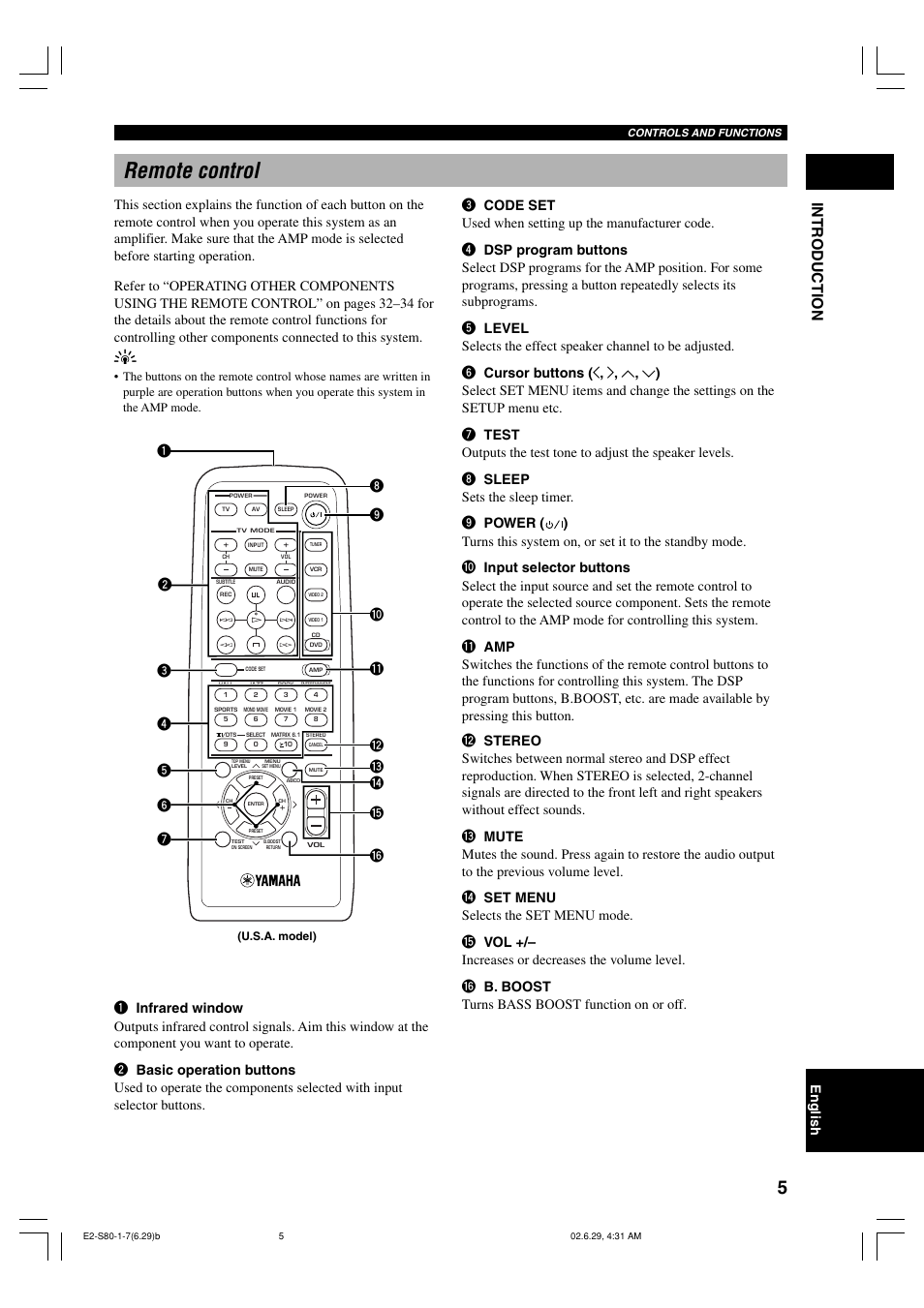 Remote control, Intr oduction, English | Yamaha AVX-S80 User Manual | Page 9 / 55