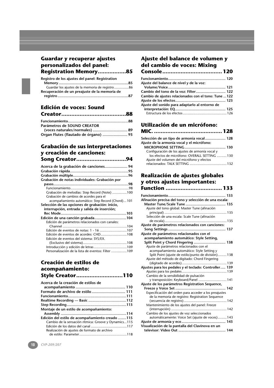 Edición de voces: sound creator, Utilización de un micrófono: mic | Yamaha CVP-209  ES User Manual | Page 10 / 176