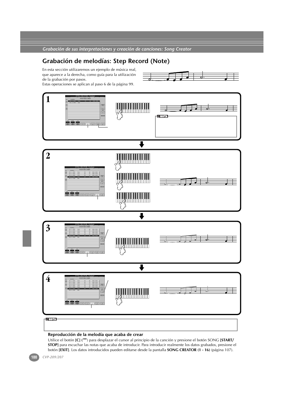 Grabación de melodías: step record (note), Reproducción de la melodía que acaba de crear | Yamaha CVP-209  ES User Manual | Page 100 / 176