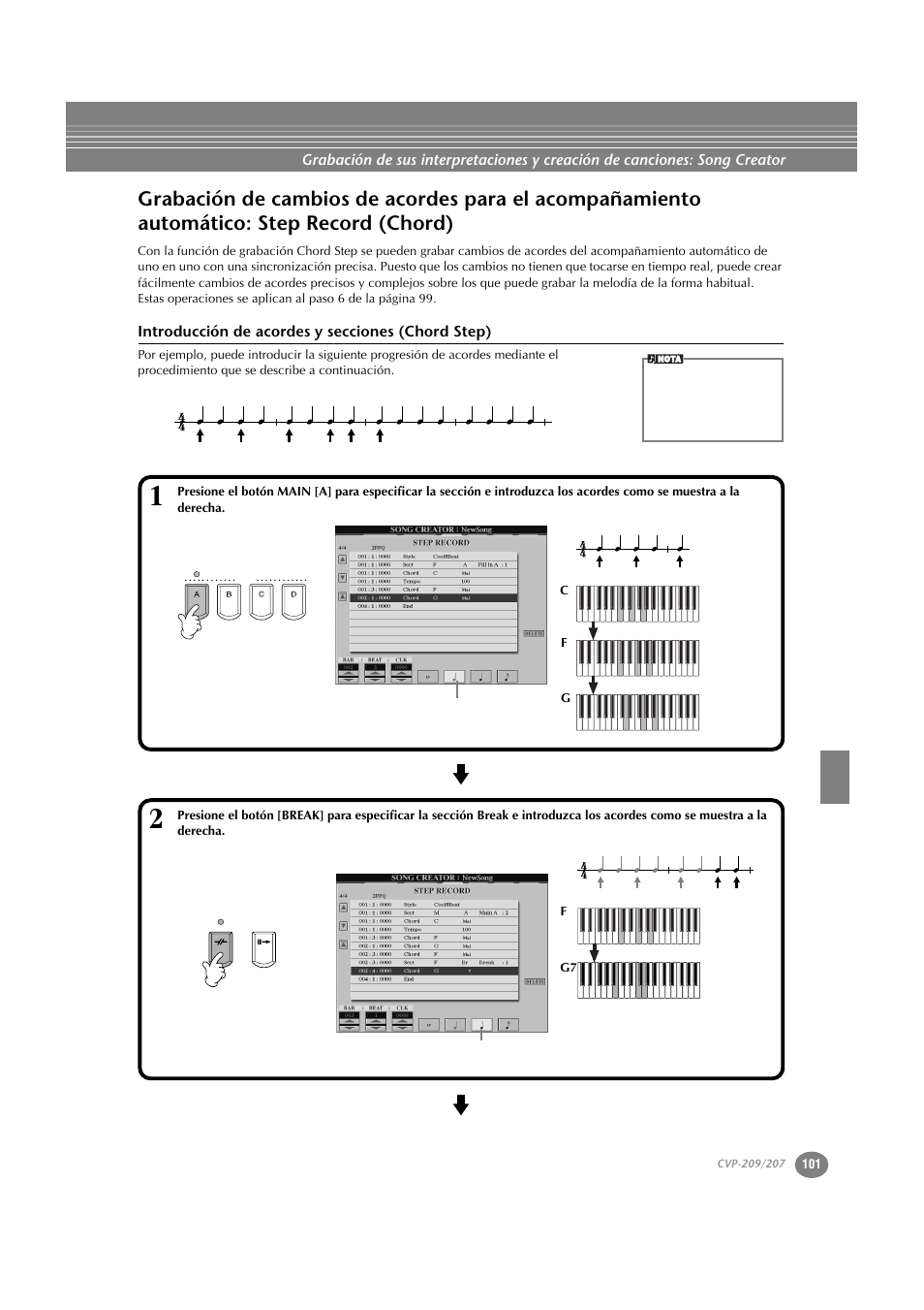 Introducción de acordes y secciones (chord step), Grabación de cambios de acordes para el, Acompañamiento automático: step record (chord) | Yamaha CVP-209  ES User Manual | Page 101 / 176