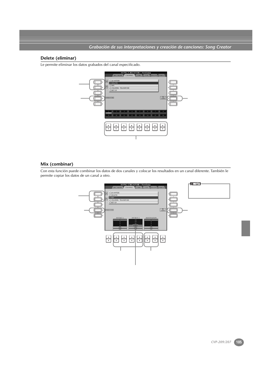 Delete (eliminar), Mix (combinar), Nota | Yamaha CVP-209  ES User Manual | Page 105 / 176