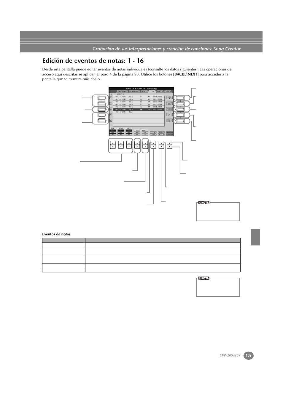 Edición de eventos de notas: 1 - 16 | Yamaha CVP-209  ES User Manual | Page 107 / 176