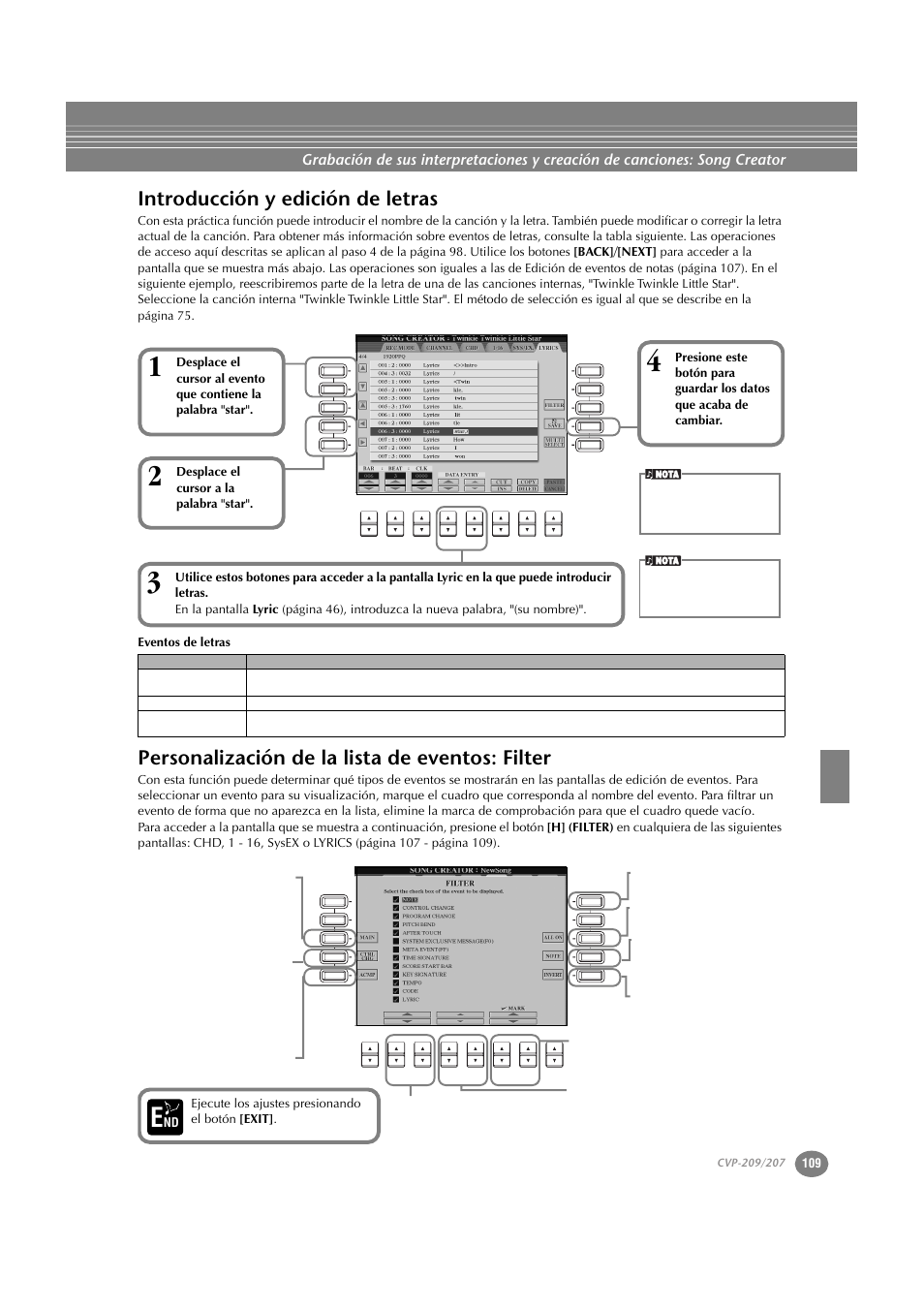 Introducción y edición de letras, Personalización de la lista de eventos: filter, Desplace el cursor a la palabra "star | Nd ejecute los ajustes presionando el botón [exit | Yamaha CVP-209  ES User Manual | Page 109 / 176