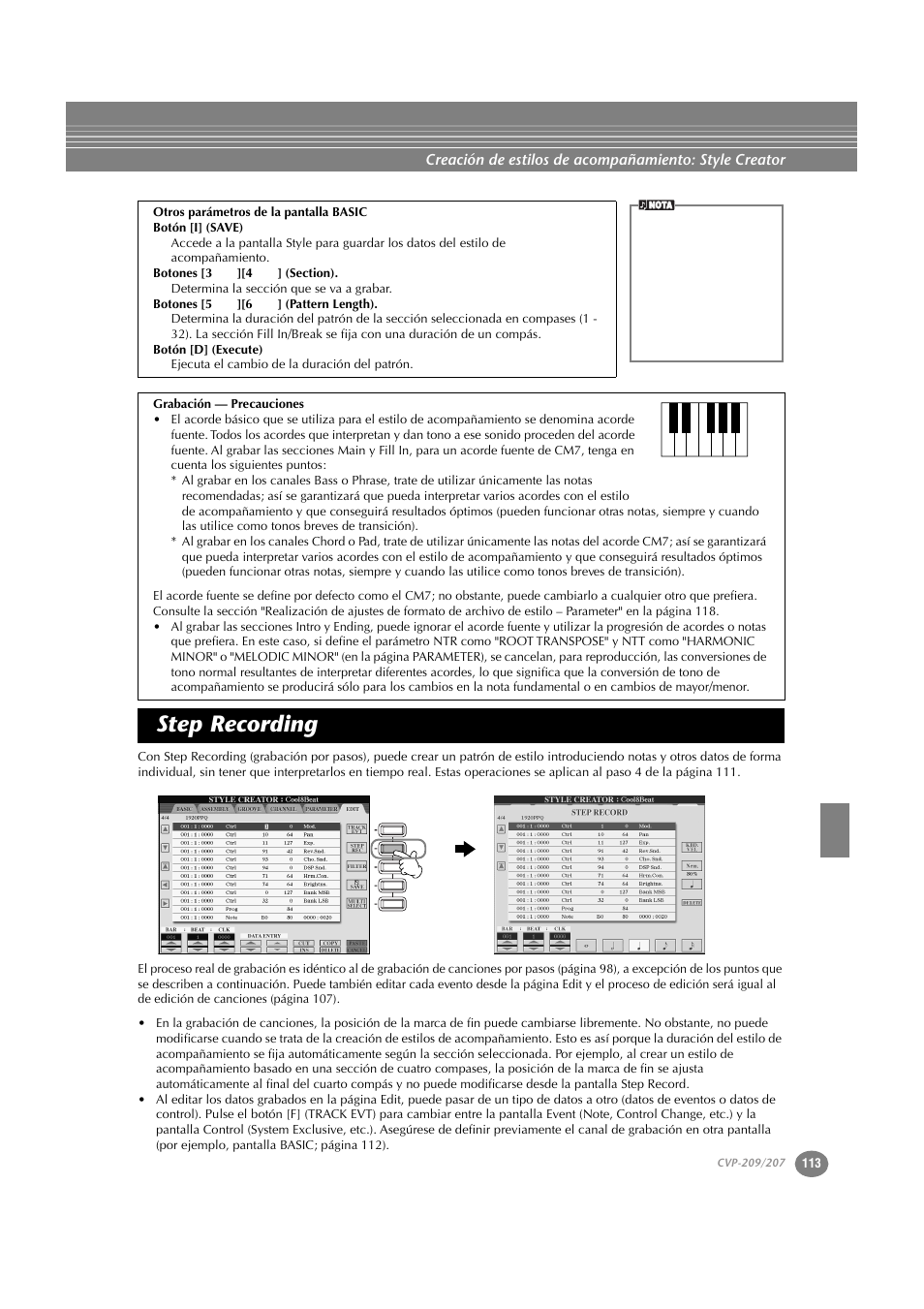 Step recording | Yamaha CVP-209  ES User Manual | Page 113 / 176