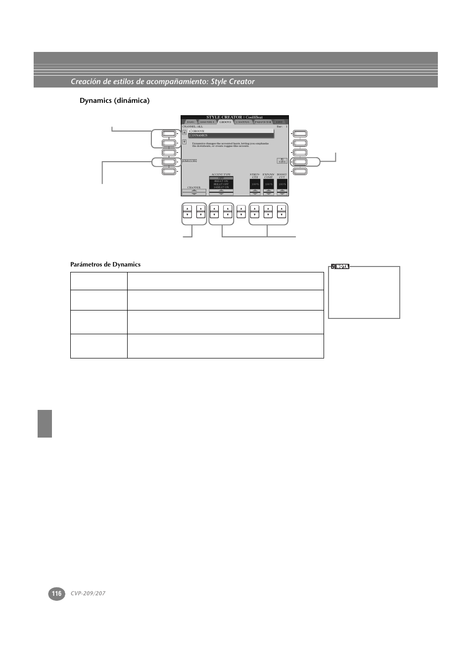 Dynamics (dinámica), Parámetros de dynamics | Yamaha CVP-209  ES User Manual | Page 116 / 176