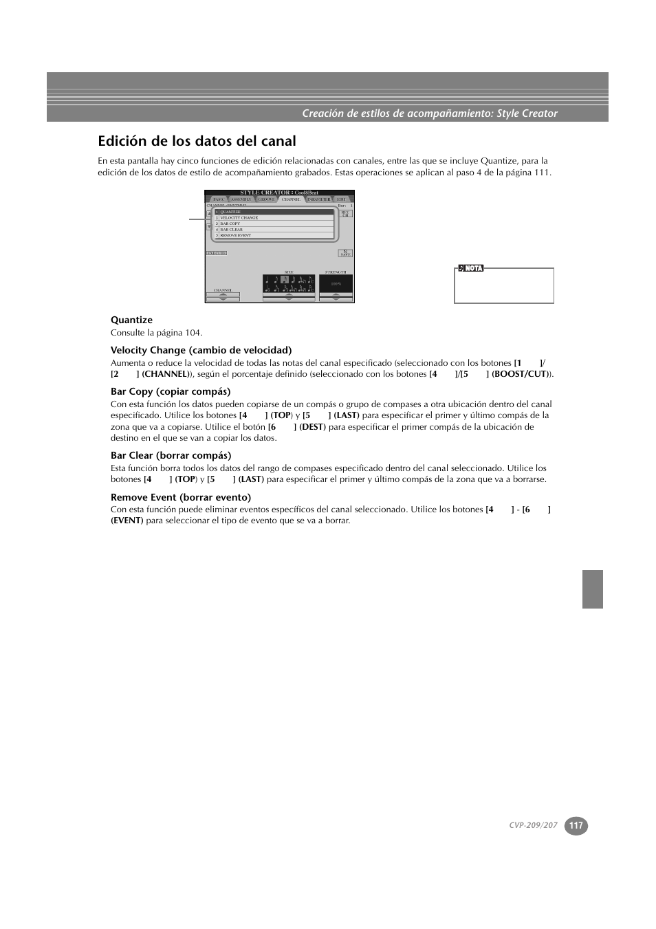 Edición de los datos del canal, Quantize, Velocity change (cambio de velocidad) | Bar copy (copiar compás), Bar clear (borrar compás), Remove event (borrar evento) | Yamaha CVP-209  ES User Manual | Page 117 / 176
