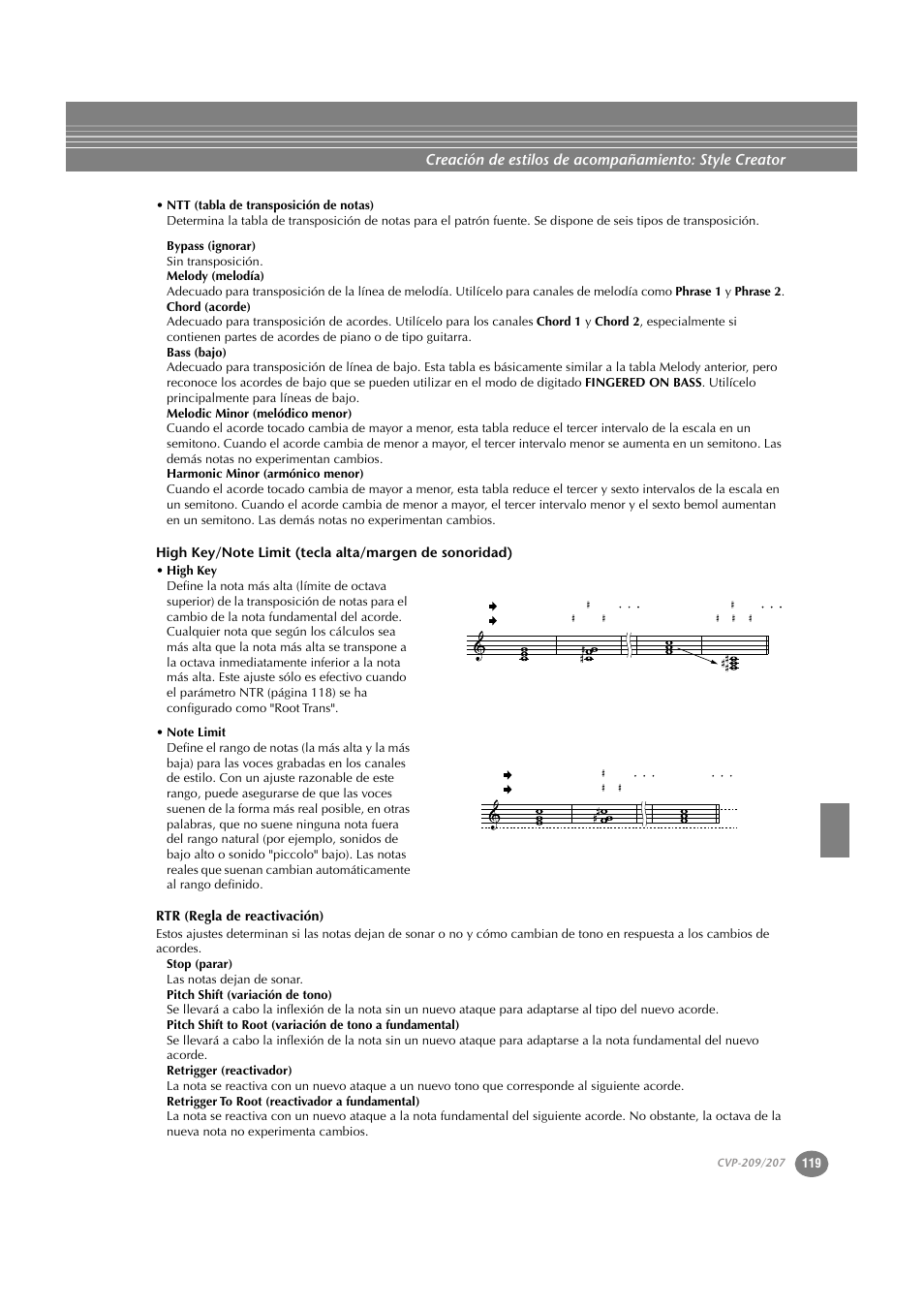 Rtr (regla de reactivación) | Yamaha CVP-209  ES User Manual | Page 119 / 176