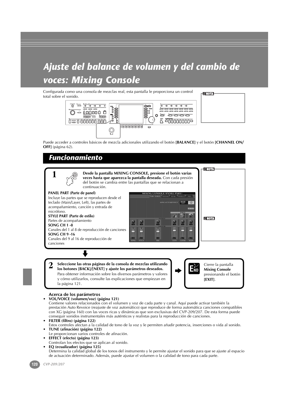Funcionamiento, Acerca de los parámetros, P. 120 | Yamaha CVP-209  ES User Manual | Page 120 / 176
