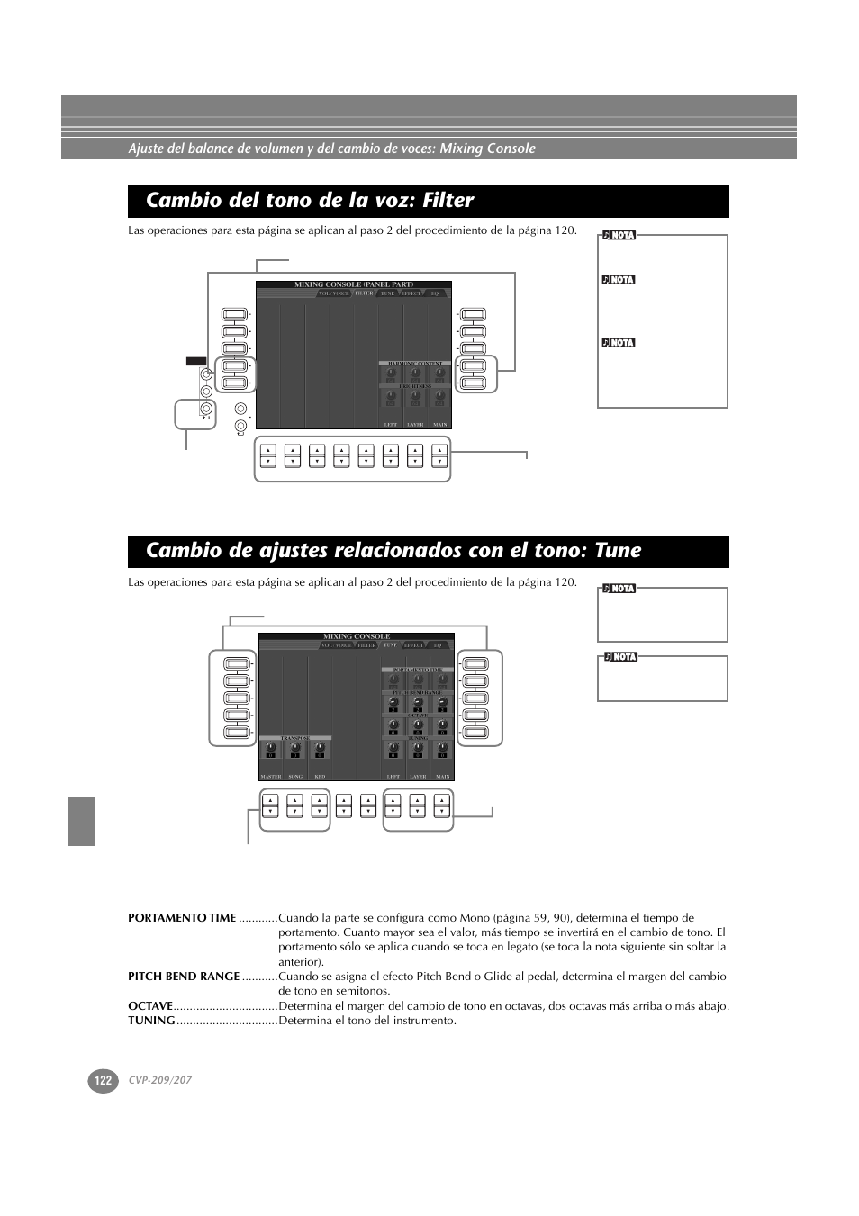 Cambio del tono de la voz: filter, Cambio de ajustes relacionados con el tono: tune | Yamaha CVP-209  ES User Manual | Page 122 / 176