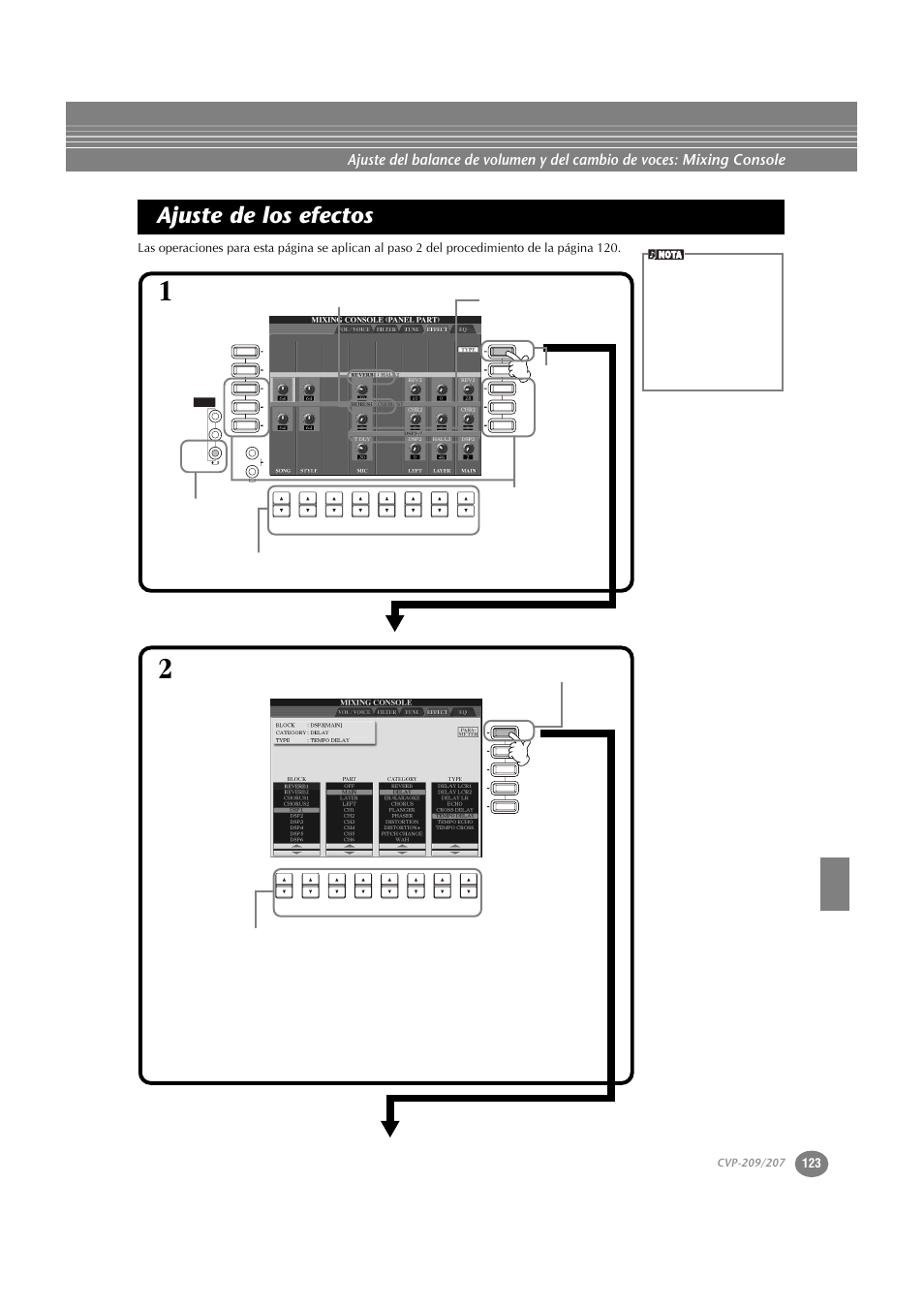 Ajuste de los efectos | Yamaha CVP-209  ES User Manual | Page 123 / 176