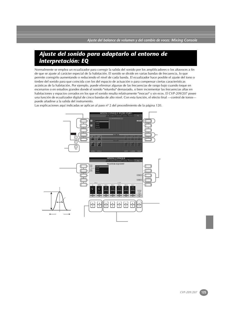Ajuste del sonido para adaptarlo al entorno de, Interpretación: eq | Yamaha CVP-209  ES User Manual | Page 125 / 176