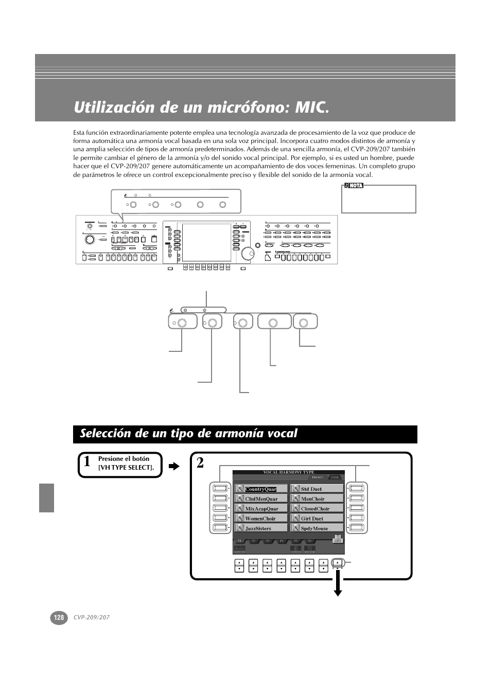 Utilización de un micrófono: mic, Selección de un tipo de armonía vocal, P. 128 | Acmp auto fill in ots link break intro main, Back next, Harmony ⁄ echo left hold mono, Reverb dsp variation | Yamaha CVP-209  ES User Manual | Page 128 / 176