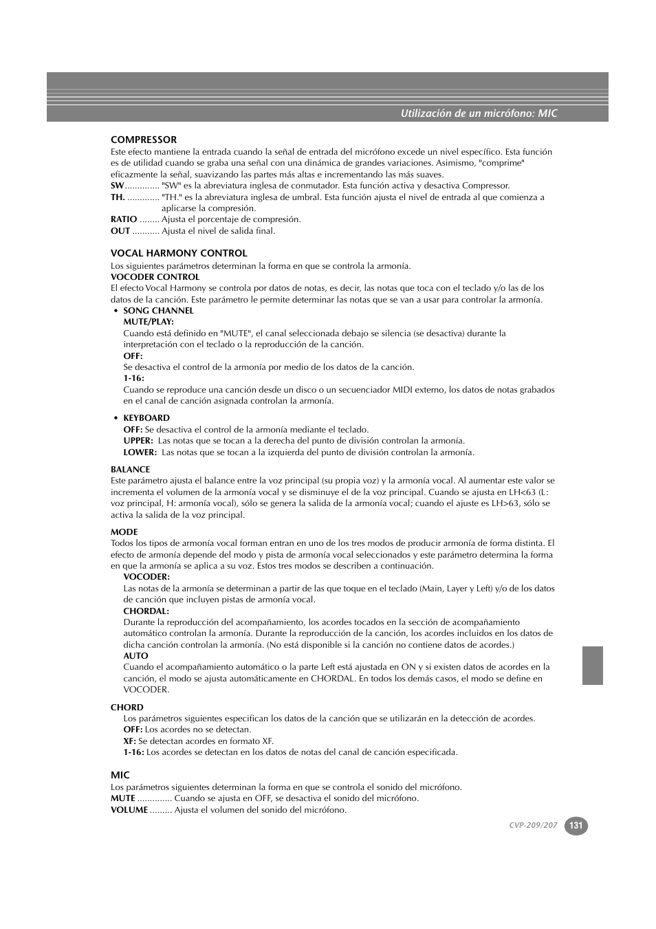 Compressor, Vocal harmony control | Yamaha CVP-209  ES User Manual | Page 131 / 176