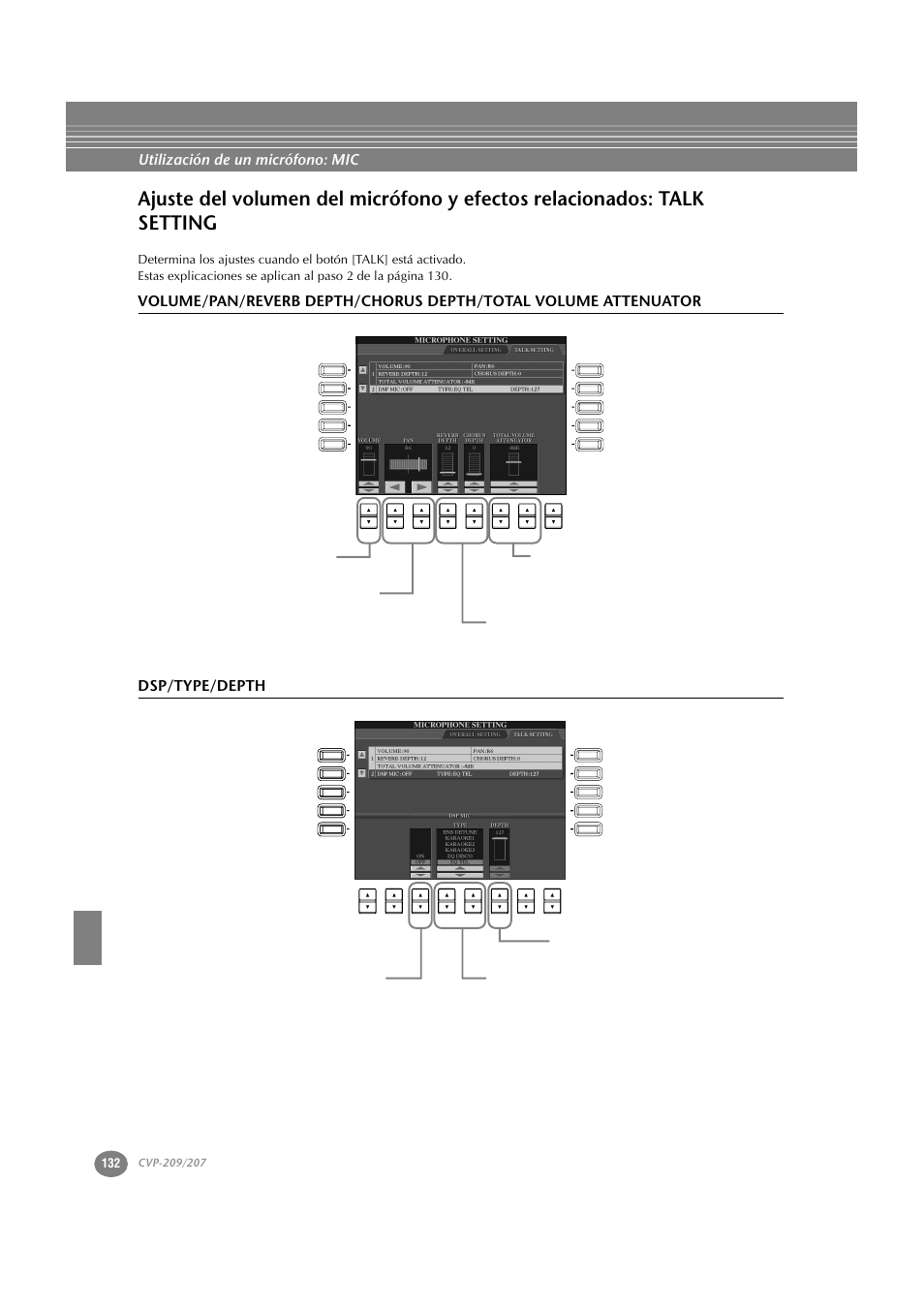 Dsp/type/depth, Utilización de un micrófono: mic | Yamaha CVP-209  ES User Manual | Page 132 / 176