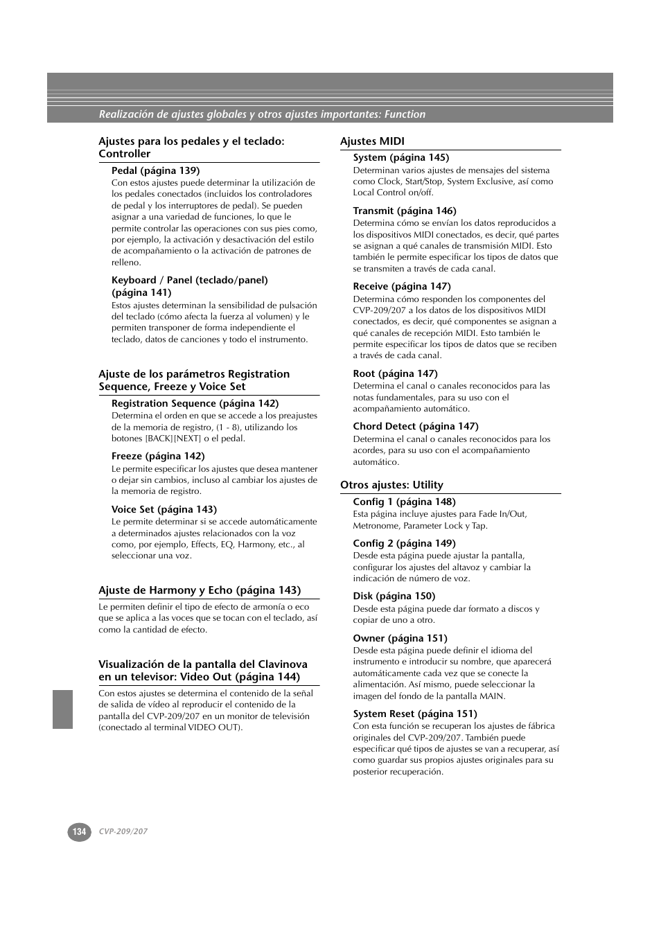 Ajustes para los pedales y el teclado: controller, Ajustes midi, Otros ajustes: utility | Yamaha CVP-209  ES User Manual | Page 134 / 176
