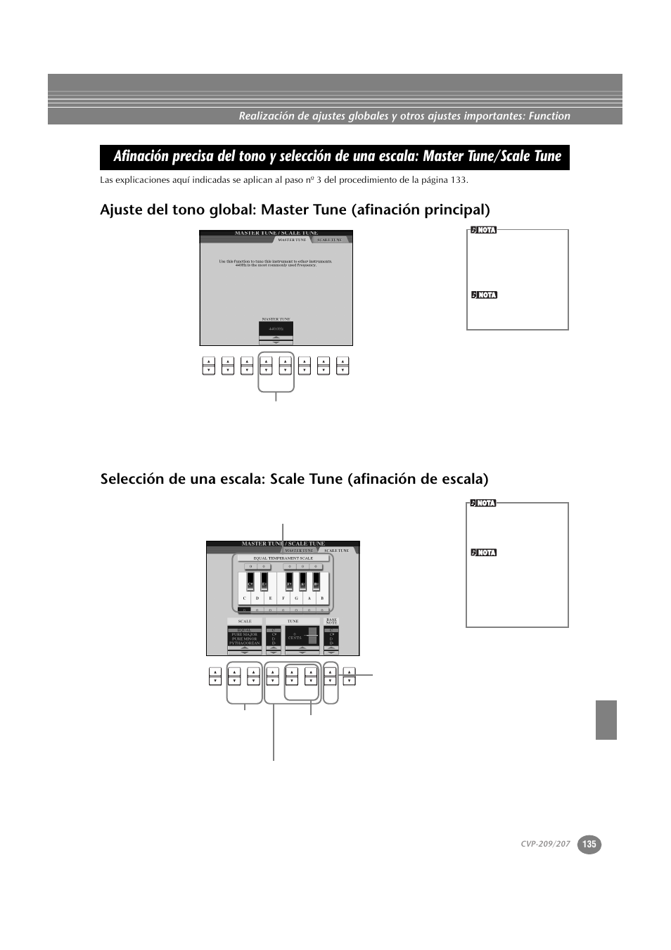 Master tune/scale tune, Ajuste del tono global: master tune (afinación, Principal) | Selección de una escala: scale tune (afinación, De escala) | Yamaha CVP-209  ES User Manual | Page 135 / 176