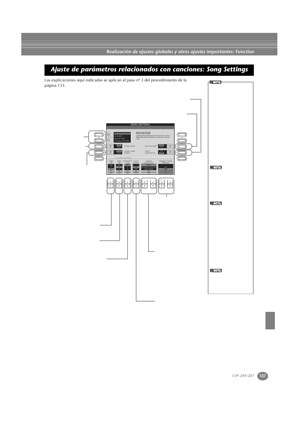 Ajuste de parámetros relacionados con canciones, Song settings | Yamaha CVP-209  ES User Manual | Page 137 / 176