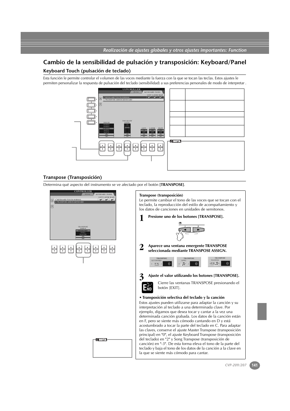 Keyboard touch (pulsación de teclado), Transpose (transposición), Cambio de la sensibilidad de pulsación | Y transposición: keyboard/panel, P. 141 | Yamaha CVP-209  ES User Manual | Page 141 / 176