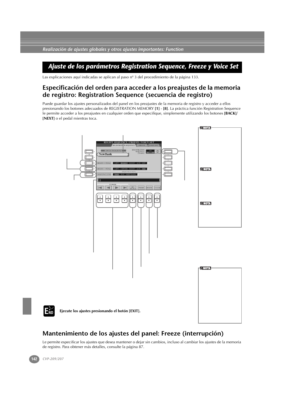 Ajuste de los parámetros registration sequence, Freeze y voice set, Mantenimiento de los ajustes del panel: freeze | Interrupción), Ejecute los ajustes presionando el botón [exit | Yamaha CVP-209  ES User Manual | Page 142 / 176