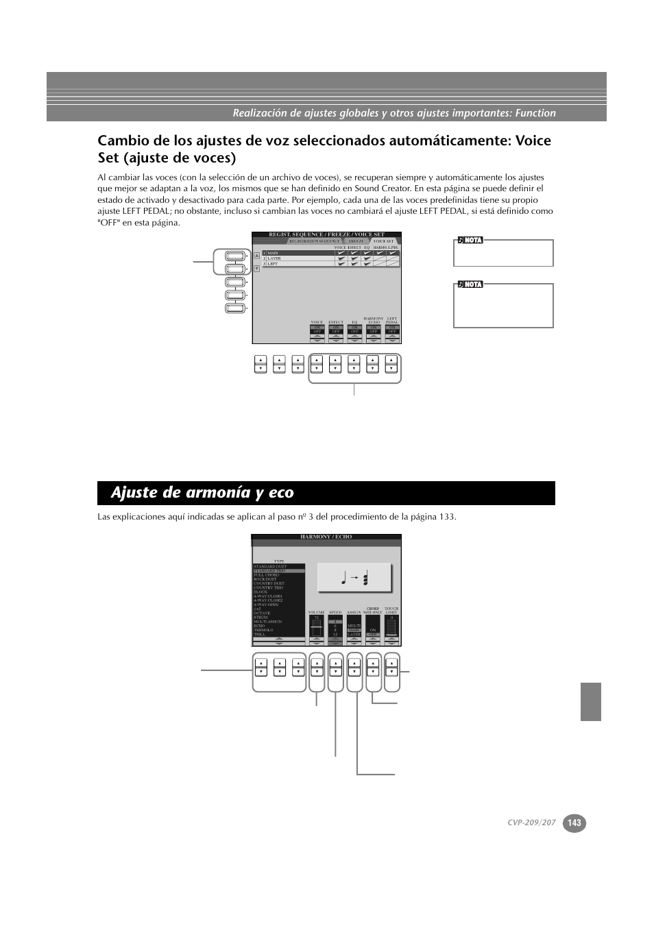 Ajuste de armonía y eco, Cambio de los ajustes de voz seleccionados, Automáticamente: voice set (ajuste de voces) | Yamaha CVP-209  ES User Manual | Page 143 / 176