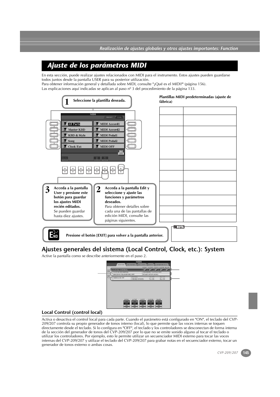Ajuste de los parámetros midi, Local control (control local), Etc.): system | Yamaha CVP-209  ES User Manual | Page 145 / 176