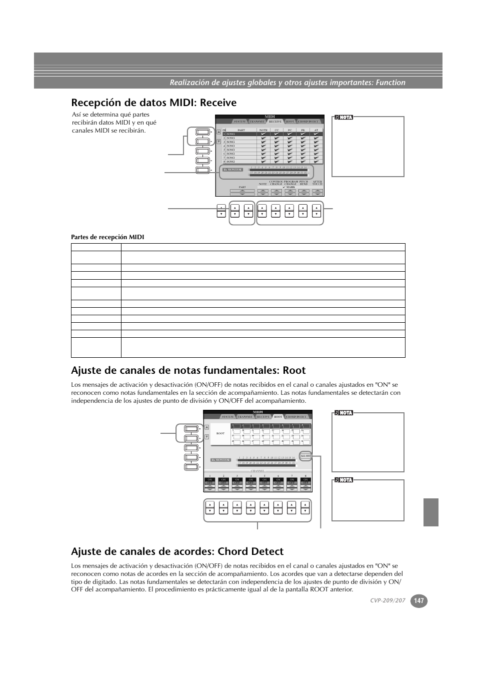 Recepción de datos midi: receive, Ajuste de canales de notas fundamentales: root, Ajuste de canales de acordes: chord detect | Partes de recepción midi | Yamaha CVP-209  ES User Manual | Page 147 / 176