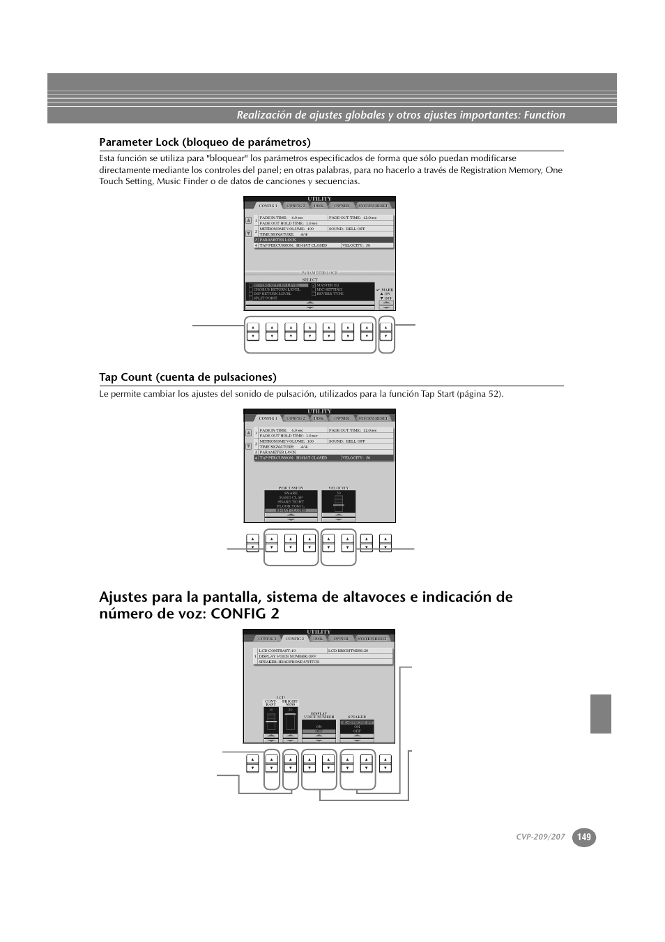 Parameter lock (bloqueo de parámetros), Tap count (cuenta de pulsaciones), Ajustes para la pantalla, sistema de altavoces e | Indicación de número de voz: config 2 | Yamaha CVP-209  ES User Manual | Page 149 / 176