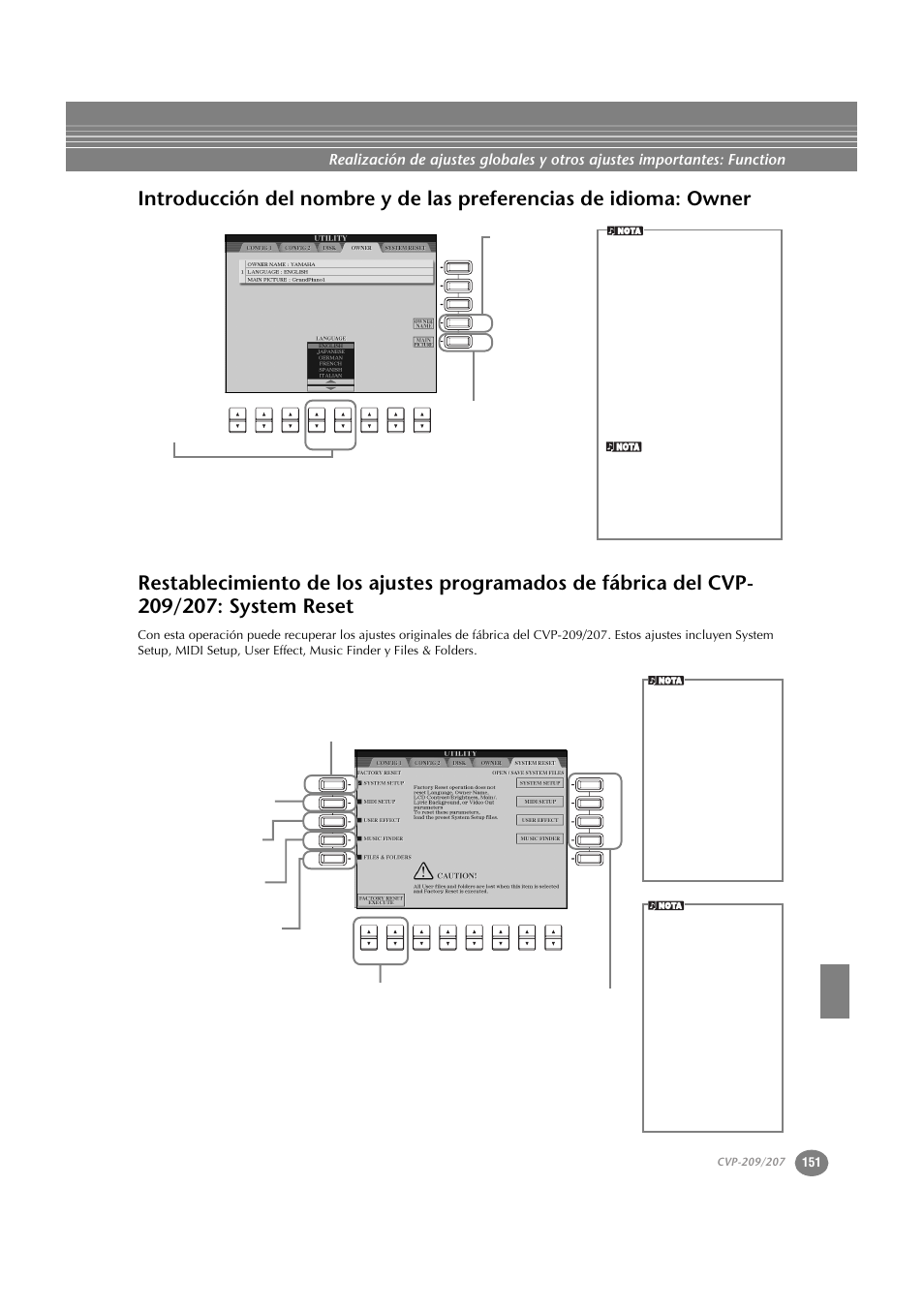 Introducción del nombre y de las preferencias, De idioma: owner, Del cvp-209/207: system reset | Yamaha CVP-209  ES User Manual | Page 151 / 176