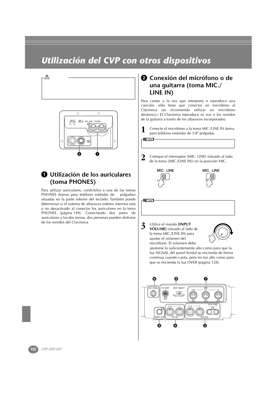 Utilización del cvp con otros dispositivos, 1 utilización de los auriculares (toma phones), Toma mic./line in) | P. 152 | Yamaha CVP-209  ES User Manual | Page 152 / 176