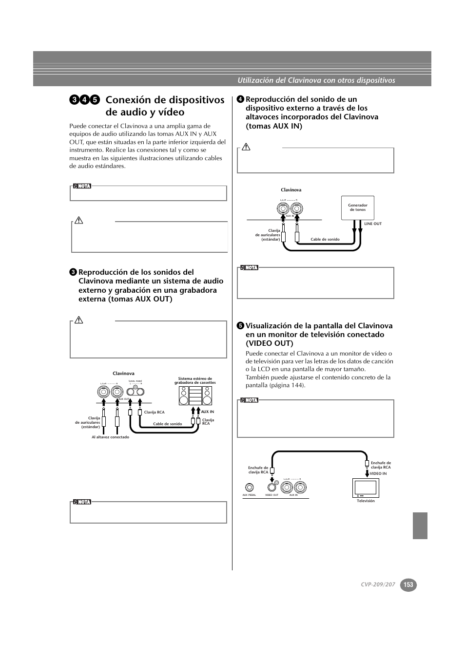 345 conexión de dispositivos de audio y vídeo, Conexión de dispositivos de audio y vídeo, P. 153 | P.153, Utilización del clavinova con otros dispositivos | Yamaha CVP-209  ES User Manual | Page 153 / 176