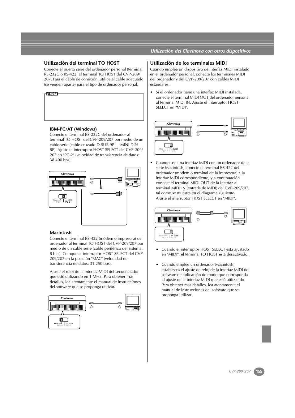 Utilización del terminal to host, Ibm-pc/at (windows), Macintosh | Utilización de los terminales midi, P. 155, Utilización del clavinova con otros dispositivos, Nec pc-9821 as nec multisync | Yamaha CVP-209  ES User Manual | Page 155 / 176