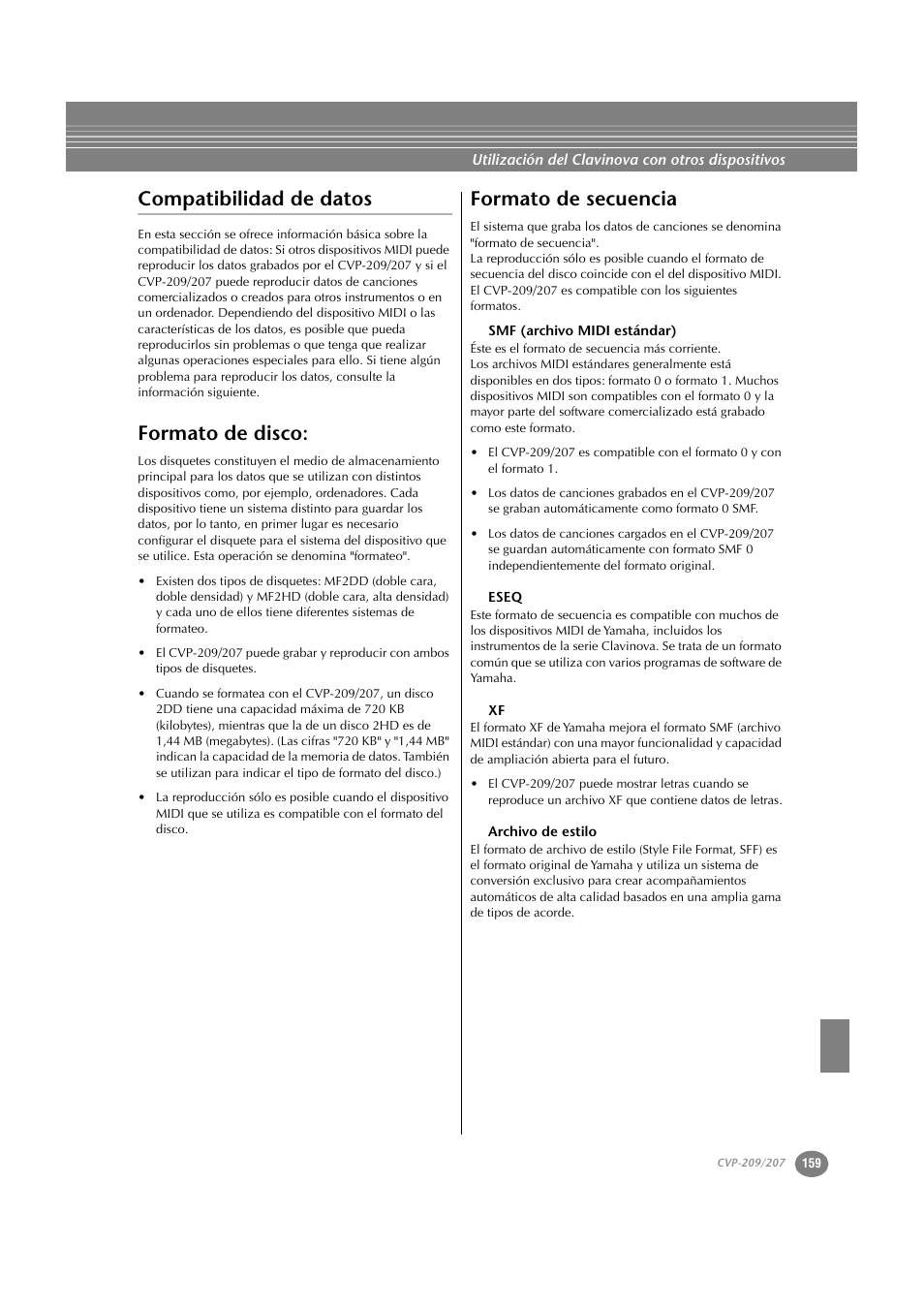 Compatibilidad de datos, Formato de disco, Formato de secuencia | Smf (archivo midi estándar), Eseq, Archivo de estilo, Formato de disco: formato de secuencia | Yamaha CVP-209  ES User Manual | Page 159 / 176