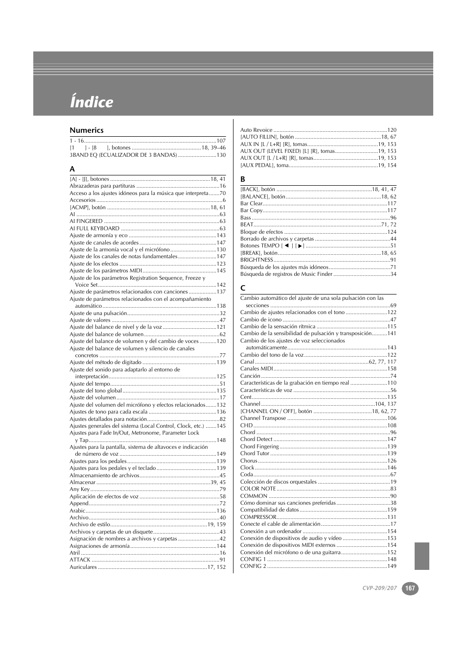 Índice | Yamaha CVP-209  ES User Manual | Page 167 / 176