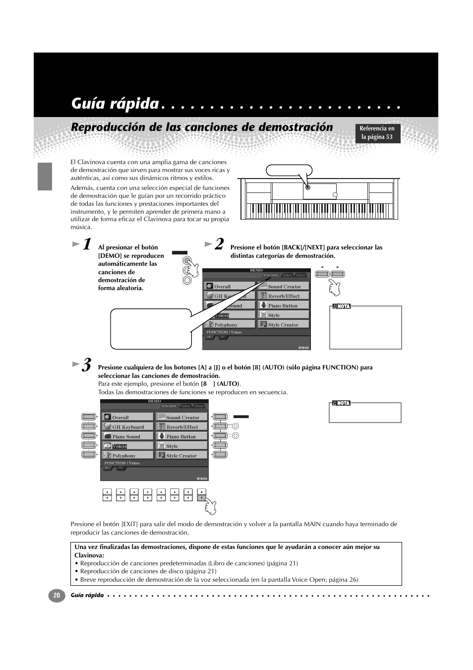Guía rápida, Reproducción de las canciones de demostración | Yamaha CVP-209  ES User Manual | Page 20 / 176